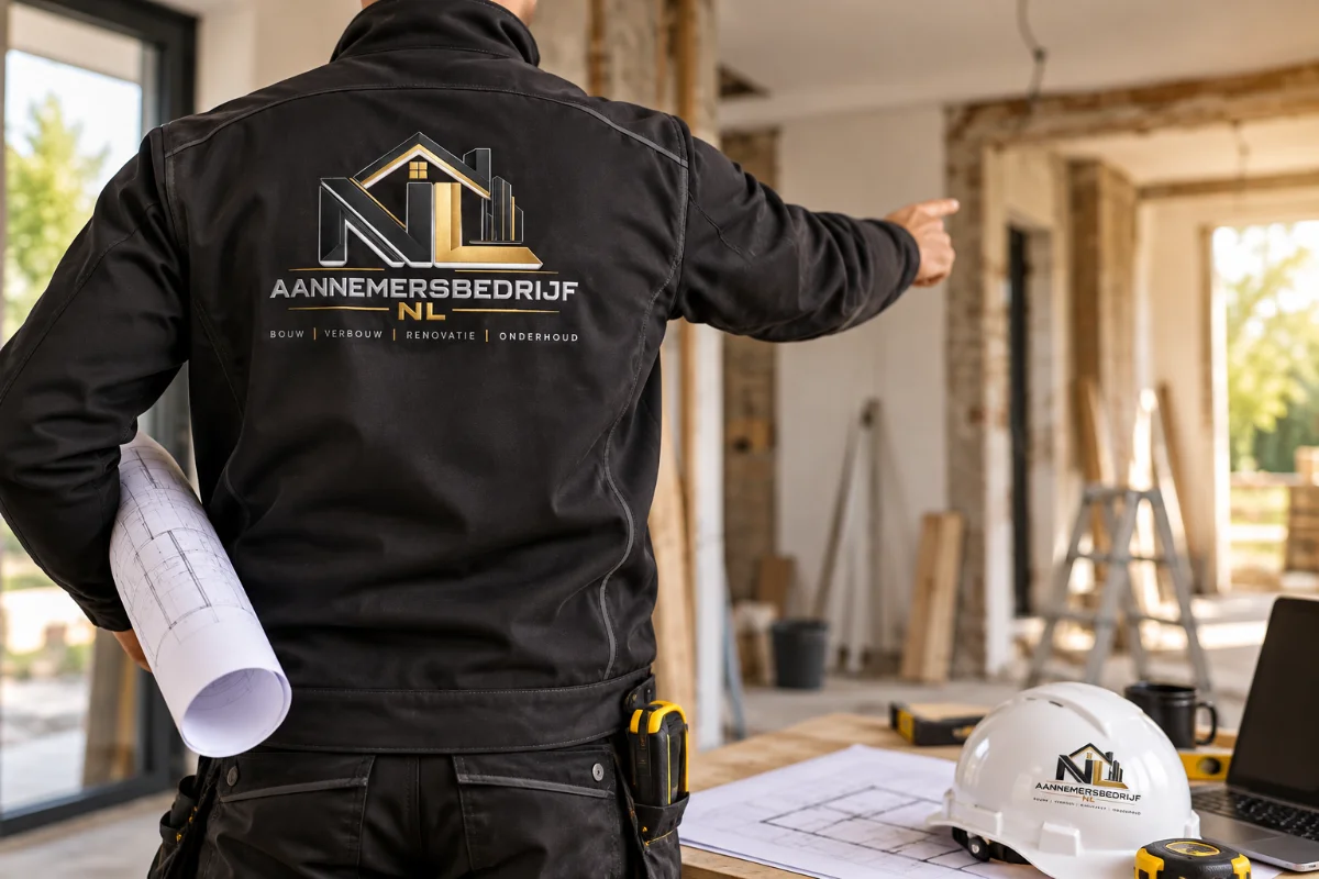 Vakman van Aannemersbedrijf NL in werkkleding met bouwtekening in een woning tijdens de verbouwing